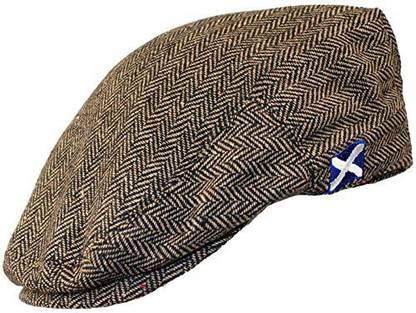 Genrc Scottish Cap Tweed Cap Co Saltire Logo Flat Cap Brown Herringbone Flat Cap