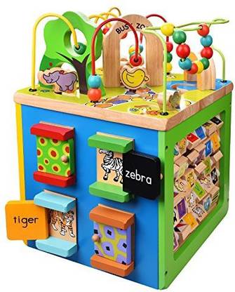 FUN LITTLE TOYS Wooden Bead Maze Toddlers Learning Multi-Functional Educational Busy Zoo Baby Bead Activity Cube Treasure Box