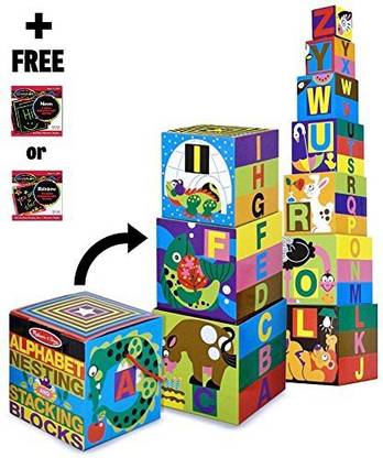 MELISSA & DOUG Alphabet Nesting & Stacking Blocks 10-Piece Play Set + Free Scratch Art Mini-Pad Bundle [27823]