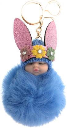 DORRON Stylish Cute Sleeping Baby Design Fluffy Faux Fur Pom Pom Keychain & Keyring for Car Key/Ladies Bag/Purse / Suit case (Blue) Key Chain