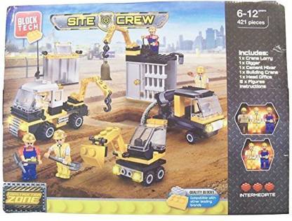 Block Tech Site Crew Construction Zone 421 Piece Building Set ~ Intermediate Level (Builds Crane Lorry, Digger, Cement Mixer, Building Cran