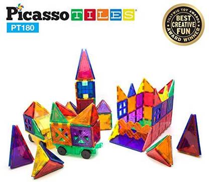 Picassotiles 180 Piece Set 180Pc Building Block Toy Deluxe Construction Kit Magnet Building Tiles Clear Color Magnetic 3D Constr