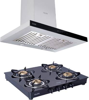Glen 60 Cm 1000 M3/Hr Chimney With 4 Brass Burner Gas Stove Combo Wall Mounted Silver, Black, Stainless Steel 1000 CMH Chimney