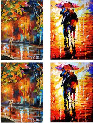 Combo Posters Set Of 4 Rolled Posters with Footpath under trees canvas painting design No Frames Included, Office And Home Decor (12 X 18 Inches) Design D735 Paper Print