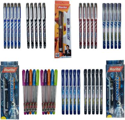 Rorito FANTA FLO BALL PEN (BLUE) 5 Pcs+FANTA FLO BALL PEN (BLACK) 5 Pcs+FANTA FLO BALL PEN (RED) 5 Pcs+FASTRITE BALL PEN (BLUE) 5 Pcs+AMAZER GEL PEN (BLUE) 5 Pcs+AMAZER GEL PEN (BLACK) 5 Pcs+RITEJOY COLOURFUL GEL PEN(INK COLOUR AS PER BODY COLOUR) 10 Pcs+ROBOMAX WATERPROOF INK PEN (BLUE) 1 Pc+ROBOMAX WATERPROOF INK PEN (BLACK) 1 Pc+JOTTEK GEL PEN (BLUE) 1 Pc Ball Pen