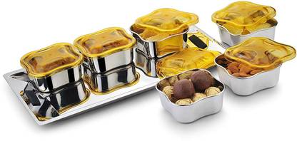 JVL Designer PUSHP - 6 Pieces Bowl with Lid and Tray SET (Bowl Capacity-200ml Each) Container, Tray Serving Set