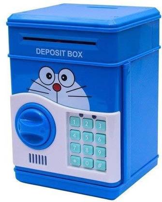 FOUR FOURTY Number Bank Happy Storage- Auto Insert Bills-Notes, Piggy Bank, Cash Coin, Password ATM Money Box Children's Money Bank, Toy Banks, Automatic Bill and Coin Jar, Saving Pot with ultraviolet discern & password change function (Random Cartoon Designs- Minions, Hello Kitty & Panda etc.) (BLUE) Coin Bank