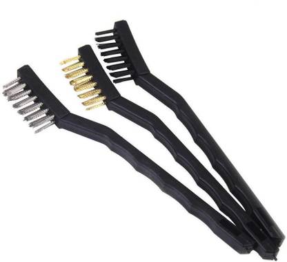 Hojo Mini Wire Brush Set Steel Brass Nylon Cleaning Polishing 7 Inch 3Pc Black Handle Scratch Brush