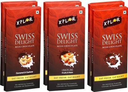 xplor Swiss Delight Crackling Fruits & Nuts,2pc + Caramel & Cashew,2pc + Plain,2pc Milk Chocolate (6 Packs of 50 gm Each) Bars