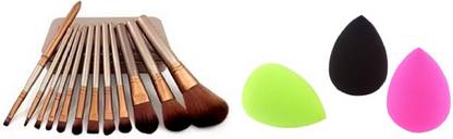 Mataiva Combo of Make Up Brushes Kit(12 Brushes )and Puff Set(Pack of 3)