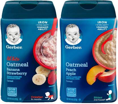 GERBER Cereal Combo 227g (8oz) (Pack of 2) - Lil Bits Oat Banana Strawberry + Oatmeal Peach Apple Cereal