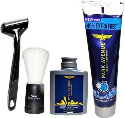 PARK AVENUE Shaving Kit With Good Morning After Shave Lotion 50ml + Cool Blue Shaving Cream 84g + Shaving Brush + Razor