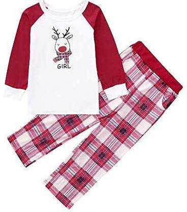 Franterd Christmas Family Matching Pajamas Set MommyDaddyMe Xmas Long Sleeve Red Deer Tops Plaid Pajamas Pant Set