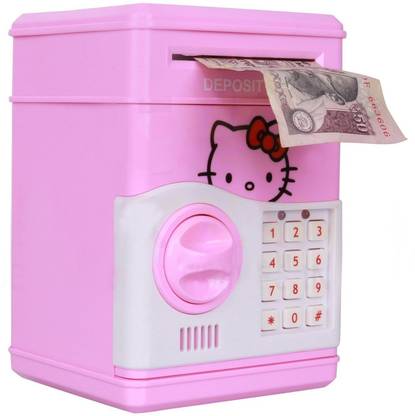 Kajal Toys Hello Kitty Bank ATM with Special Electronic Code(Password)/Battery Operated/ Keypad Lock with Changeable Password/ Safe Way to Keep Money/Light and Sound Coin Bank Coin Bank (Pink) Coin Bank