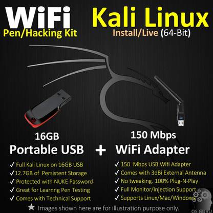 osguru Kali Linux 2017.3 WiFi Pen Testing Kit (16GB Bootable USB + 150Mbps Wireless USB Adapter) with Encrypted Persistent Storage & NUKE Password (64-Bit)