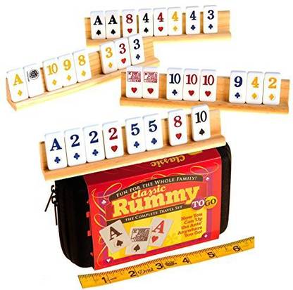 Genrc Rummy to Go (Compact Travel Version) with Classic Card Faces _ With Four 8? Wooden Tile Holders _ Bundled Items