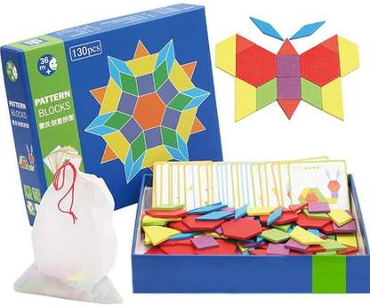 Shanbuyers Wooden Pattern Blocks, Classic Educational Toy with 130 Geometric Shape Pieces and 24 Designs (Multicolored)