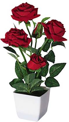 DELMOHUT Real Look Artificial Red Rose Flower Plant 5 Flowers & 5 Buds Head with Plastic Vase Pot Height 31 cm Red Rose Artificial Flower  with Pot