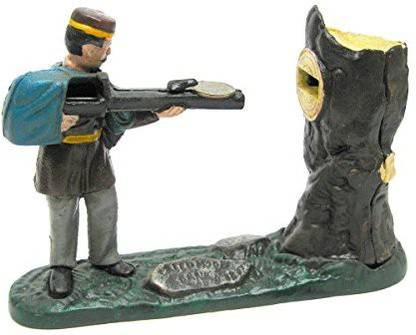Design Toscano Creedmoor Rifle Range Hunter Collectors Die Cast Iron Mechanical Coin Bank Coin Bank