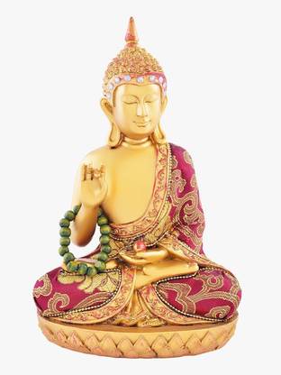 ARCHIES Buddha Statue In Karana Mudra Showpiece For Home Decoration, Spiritual Vastu Fengshui Items With Traditional Beads Mala And Lotus Base Red And Gold Polyresin Decor (24x15cm.), 1Pc Decorative Showpiece  -  24 cm
