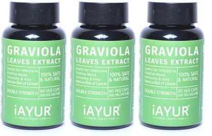iAYUR Graviola (Soursop) Extract (Pack of 3) 100% Potent, Pure & Safe 500 Mg