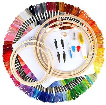 Genrc Unime Full Range of Embroidery Starter Kit Cross Stitch Tool Kit Including 5 PCS Bamboo Embroidery Hoop, 100 Color Threads, 2 PCS Classic Reserve Aida and Tool Kit