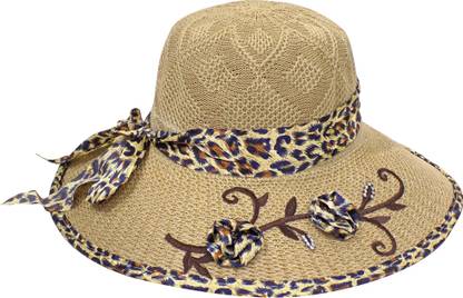 EKAN Sun Hat Wide Large Brim Beach Floppy Cap Hat for Women and Girls Travel Use Hats, Cream Printed Ribbon, Pack of 1