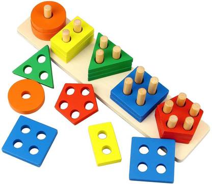 Authfort Wooden Educational Toys, Wooden Shape Color Sorting Preschool Stacking Blocks Puzzles Toys Birthday Gifts for Boys and Girls