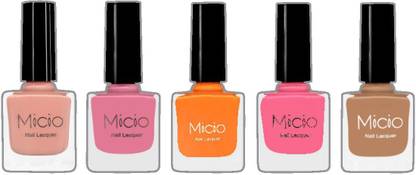 MICIO Luxurious Collection of Glossy Nail Lacquer Nude Elegance, Fussy Fuschia, Peaches N Cream, Pink Candy, Sandstorm Brown