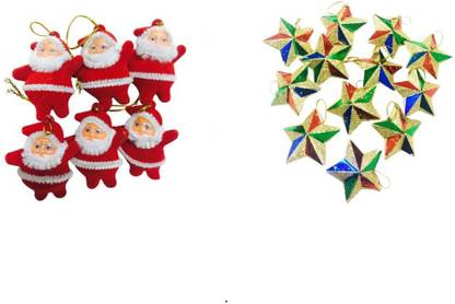 FNB 6 Santa & 6 Multi Glitter Star Combo Hanging Ornaments Pack of 12