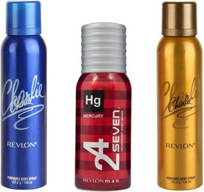 Revlon 1 CHARLIE BLUE DEODORANT 150 ML+ 1 CHARLIE GOLD DEODORANT 150 ML+1 24 SEVEN MERCURY DEODORANT 130 ML Deodorant Spray  -  For Men & Women