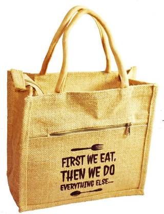 Crack4Deal Natural Jute Burlap Multipurpose Lunch Bag Teddy Slogan Printed (Size- Length-11" x Width-6" x Hight-10" Inch) Waterproof Lunch Bag