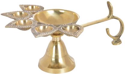 Confidence Pure Brass Panch Deepak Aarti, Brass Diya for Pooja, Diya Stand for Mandir Use, Pack Of 1 Brass Table Diya