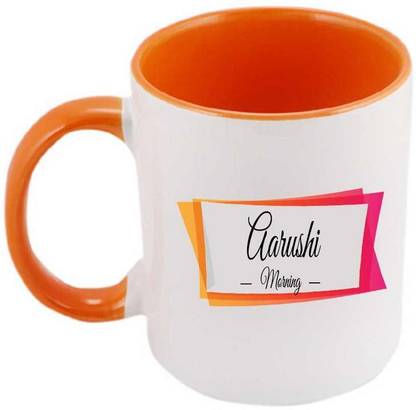 JUVIXBUY Printed Aarushi Name & Meaning Inside Orange & Handle Orange Ceramic Coffee Ceramic Coffee Mug