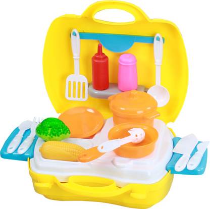popo 24 Pcs Suitcase Kitchen Play Set For Interactive Kitchen Learning For Kids (Yellow)