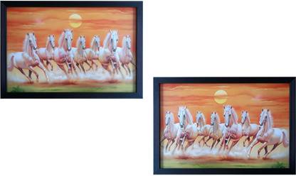 Art collection Seven White Horse 7 Horses Painting with Frame Set of 2 Seven Horses Wall Painting Seven Horses Running Painting Horse Painting for Vastu Horse Frame(47.5 cm x 32.5 cm x 1.5 cm) Ink 32.5 inch x 47.5 inch Painting