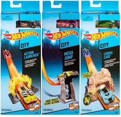 HOT WHEELS City Mega Jump , Action Launcher N Cobra Cave Track System With 1:64 Car 3 IN 1 Pack