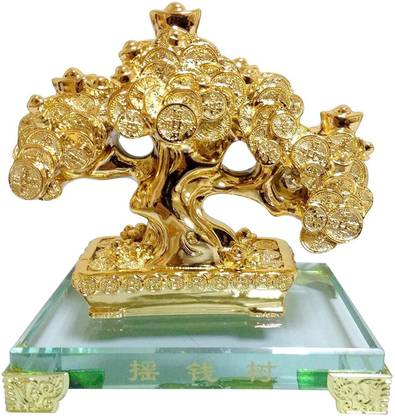 ZIGLY Feng Shui Golden Money Coin Tree with Glass Base Decorative Showpiece  -  5 cm
