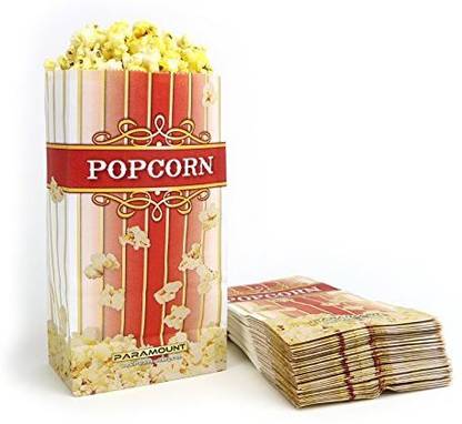 Paramount 100 Popcorn Serving Bags - 'Small' Standalone Flat Bottom Paper Bag Style