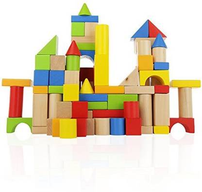 toy chest nyc Wooden Building Blocks Set - 100 pc for Toddlers Preschool - Classic Hardwood Plain & Colored Small Wood Block Pieces for Boys & Girls - Basic Educational Build & Play