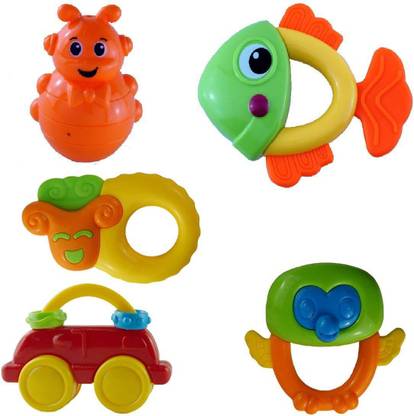 FLICK IN BPA Free Non Toxic Rattle Toys For New Born Babies Infants and Toddlers | Set of 5 Pcs Rattle
