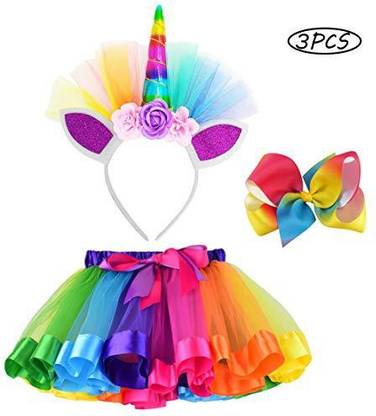 Genrc Lylkd Little Girls Layered Rainbow Tutu Skirts With Unicorn Horn Headband And Hairbow (Rainbow, L,4-8 Years)