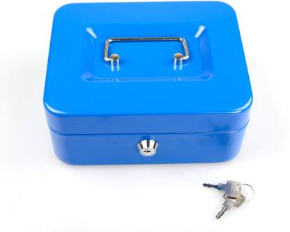 FLAIR Small Metal Cash Box with Key Lock with Money Tray Metal Piggy Bank Lock Box - 20 x 16 x 9 cm -Blue) Cash Box