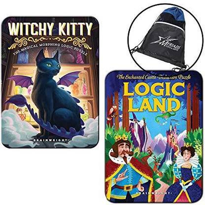 Brainwright Set Of 2 Logic Puzzles Witchy Kitty And Logic Land Includes Myriads Drawstring Bag