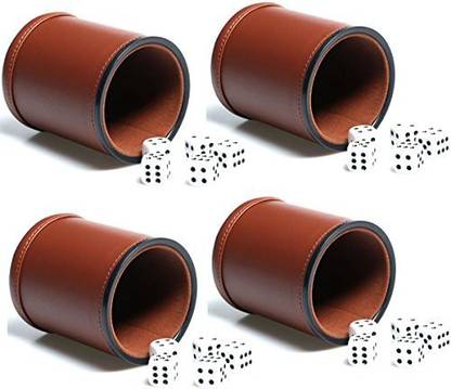RERIVER Leather Dice Cup Set Felt Lining Quiet Shaker With 5 Dot Dices For Farkle Yahtzee Games,4 Pack (Brown)