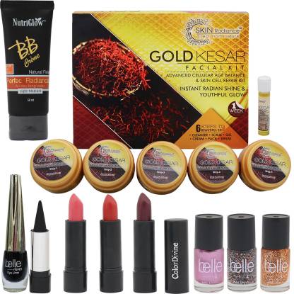 NutriGlow Skin Radiance gold kesar facial kit with 1 BB Cream,3 lipsticks,3 nail paints,1 kajal and 1eye linear