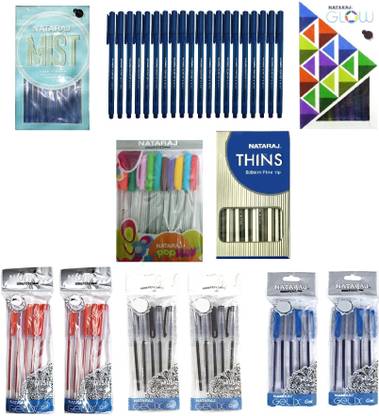 NATRAJ 20 SLIM TIP 0.6MM FINE TIP BALL PENS (BLUE)+20 GLOW BALL PENS (BLUE)+20 THINS BALL PENS (BLUE)+20 MIST BALL PENS (BLUE)+10 GELIX GEL PENS (BLUE)+10 GELIX GEL PENS (BLACK)+10 GELIX GEL PENS (RED)+10 POPFLOW BALL PENS WITH INK COLOUR AS PER BODY COLOUR Ball Pen