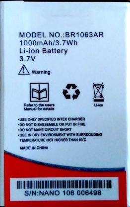 RJR Mobile Battery For  Intex Nano 106 BR1063AR 1000 mAh