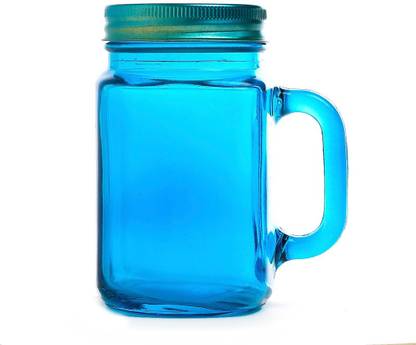 SuttaLife Set of 1, Blue Colour Airtight Lid Metallic Cap Glass Mason Jar with Handle Glass Mason Jar