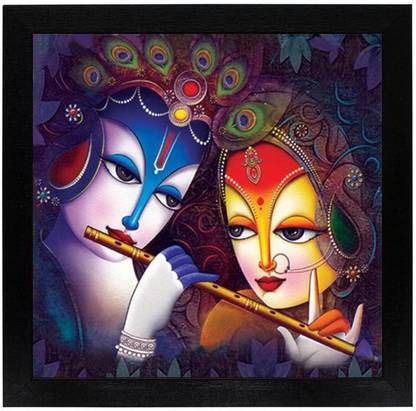 Masstone Radha Krishna playing Flute Decorative Matt Canvas 12 inch x 12 inch Painting